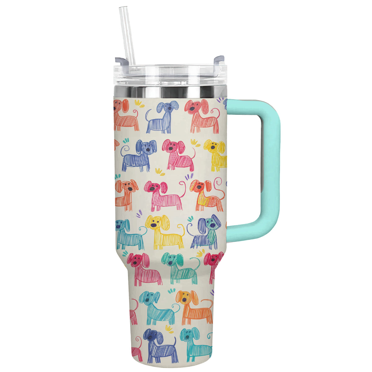 Rainbow Doodle Dachshund Custom Stanley Quencher 40oz Stainless Steel Tumbler With Handle