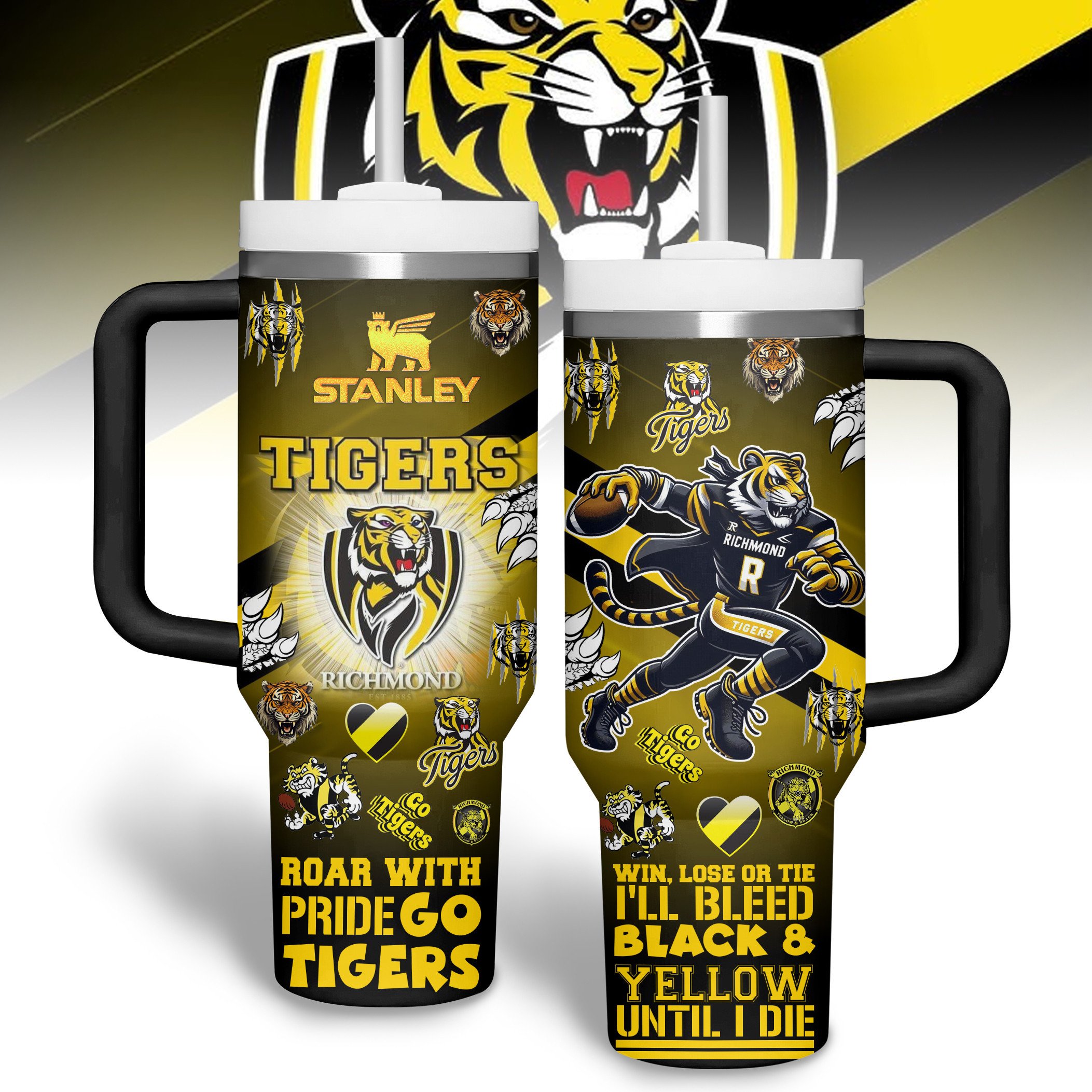 Richmond Tigers AFL Custom Stanley Quencher 40oz Stainless Steel Tumbler With Handle