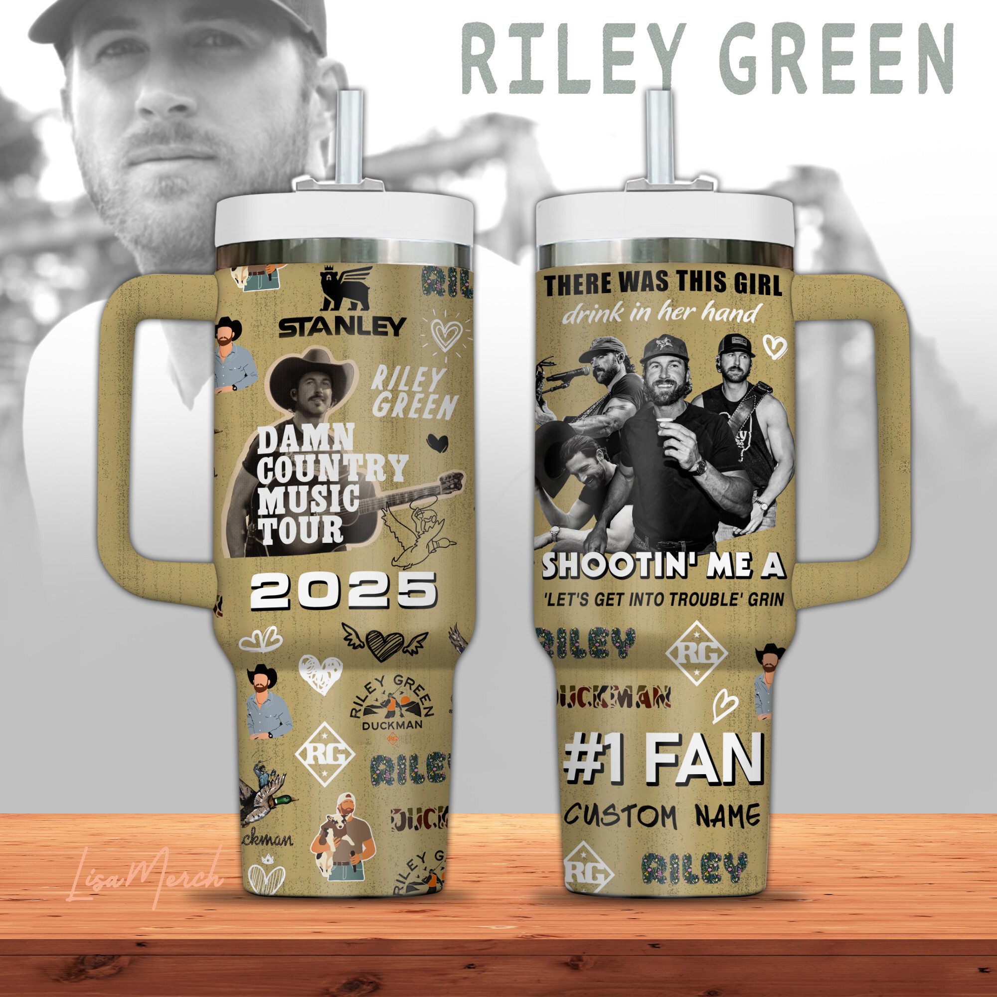 Riley Green Music Custom Stanley Quencher 40oz Stainless Steel Tumbler With Handle