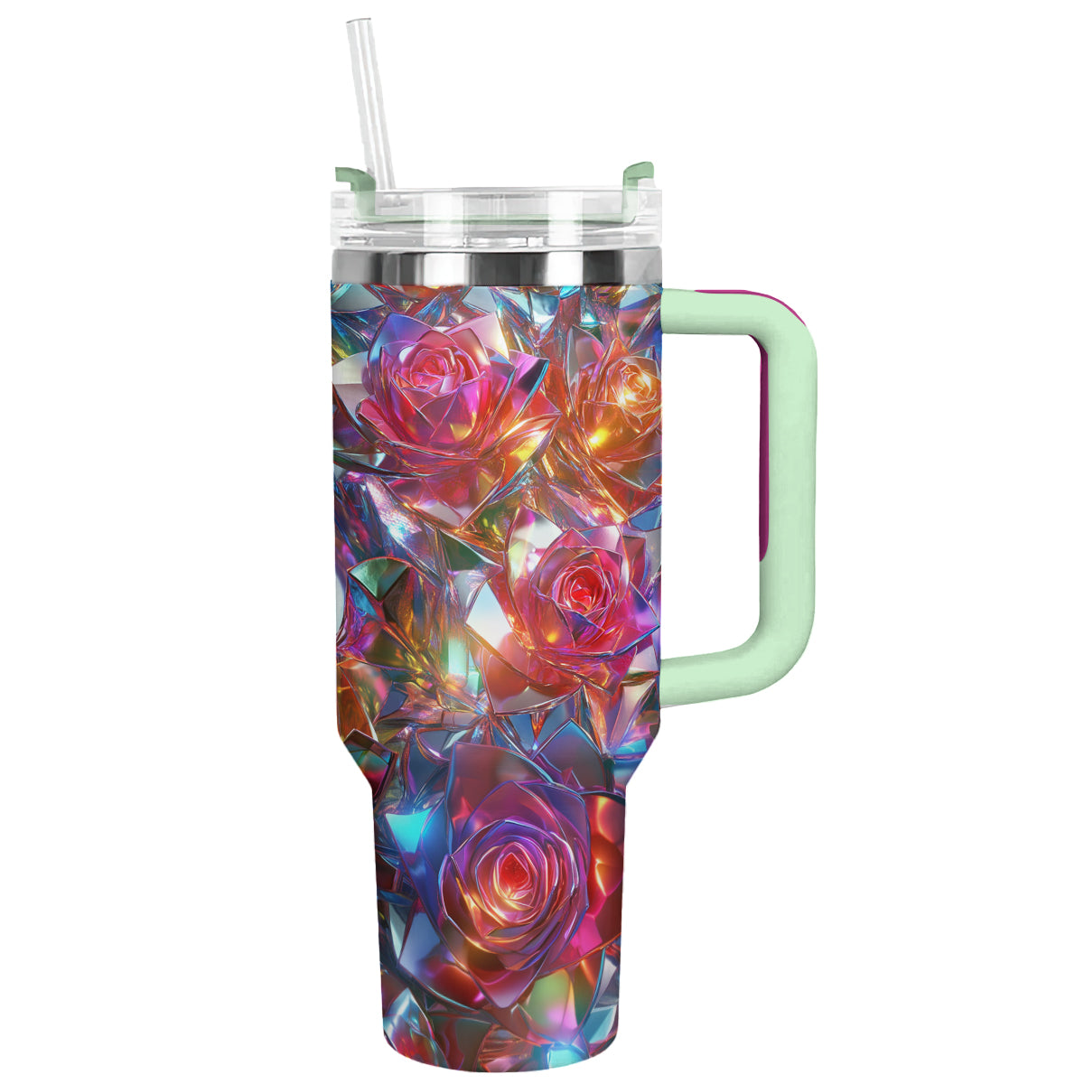 Rose Flower Custom Stanley Quencher 40oz Stainless Steel Tumbler With Handle