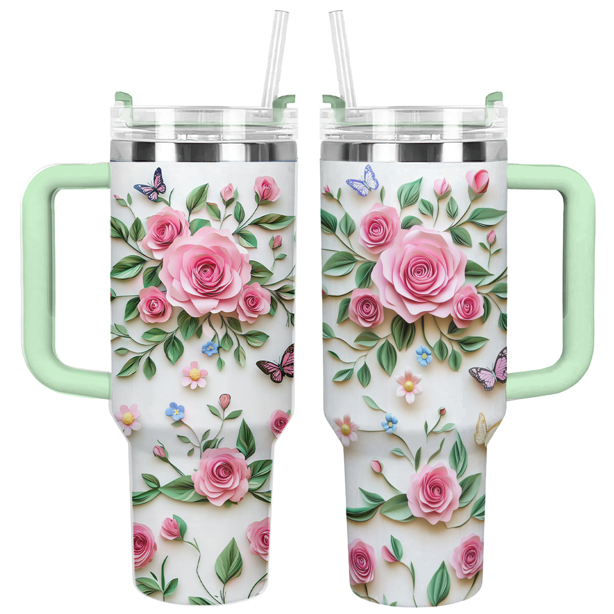 Rose Flower Custom Stanley Quencher 40oz Stainless Steel Tumbler With Handle