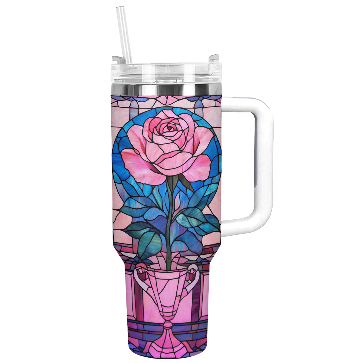 Rose Flower Custom Stanley Quencher 40oz Stainless Steel Tumbler With Handle