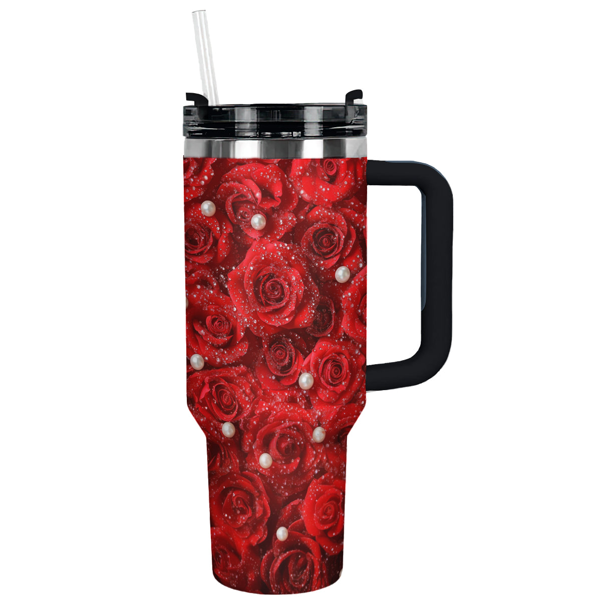 Rose Flower Custom Stanley Quencher 40oz Stainless Steel Tumbler With Handle