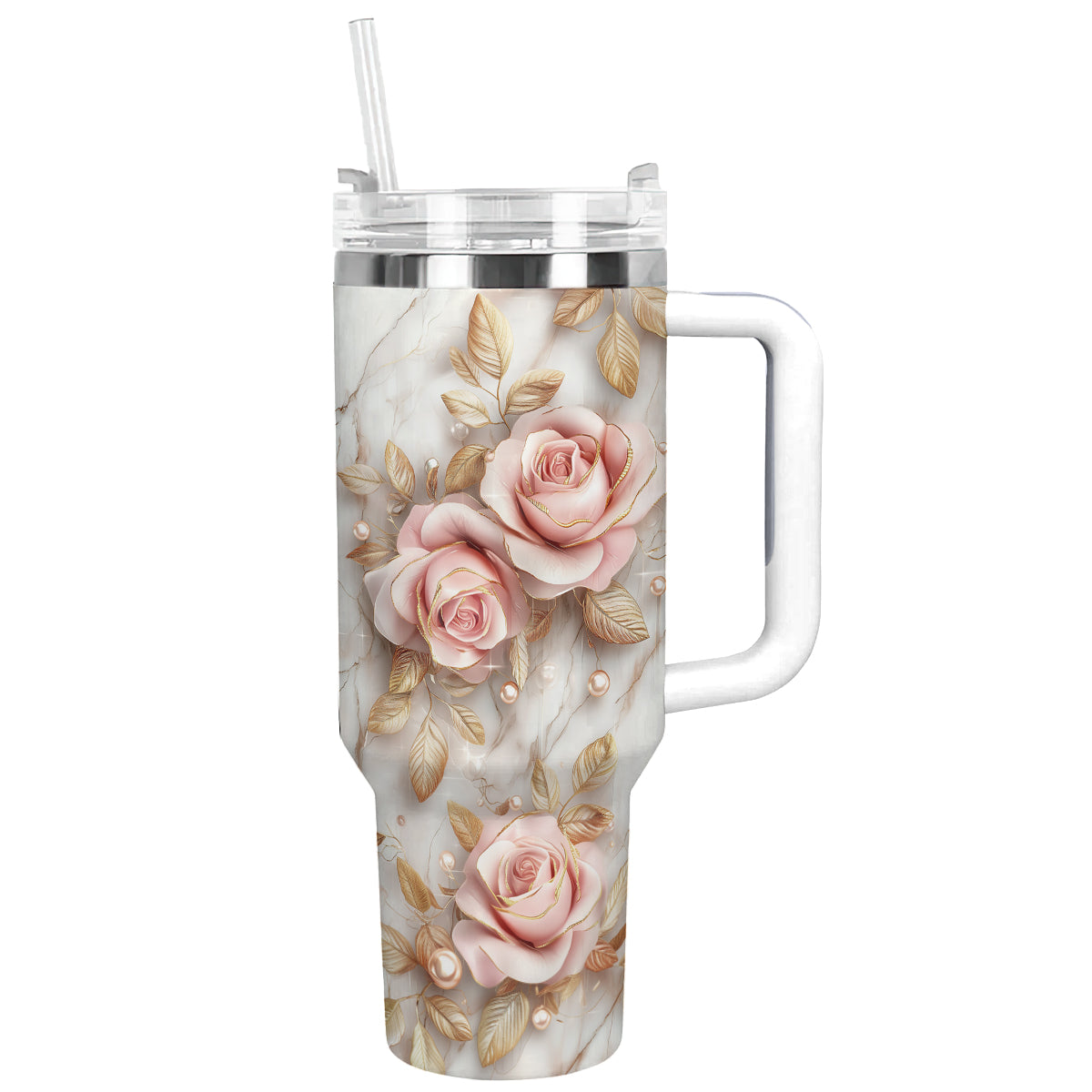 Rose Flower Custom Stanley Quencher 40oz Stainless Steel Tumbler With Handle