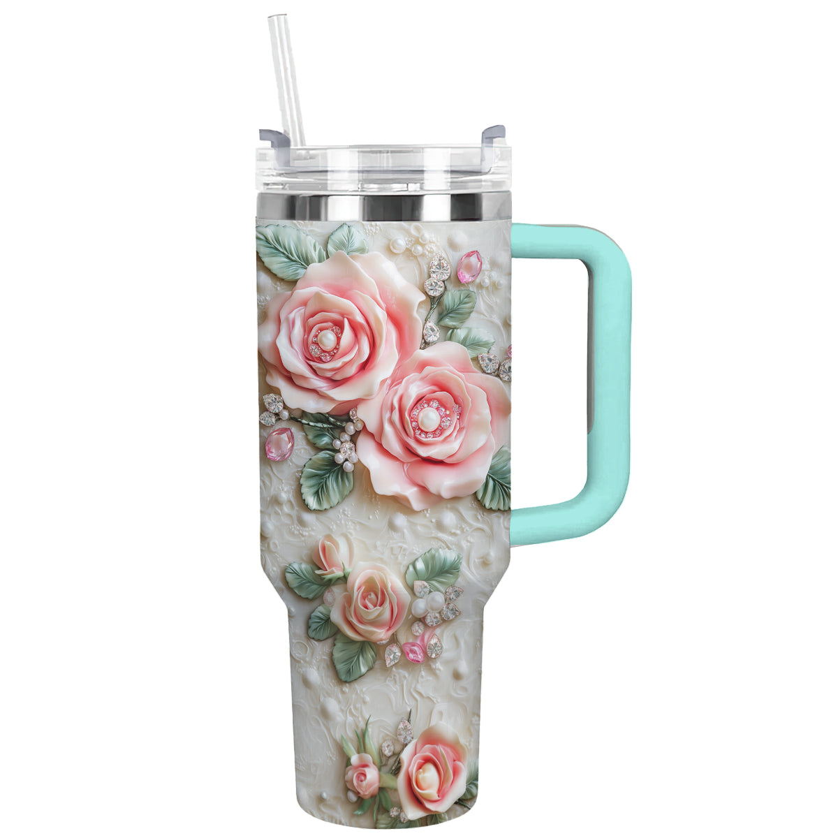 Rose Flower Custom Stanley Quencher 40oz Stainless Steel Tumbler With Handle
