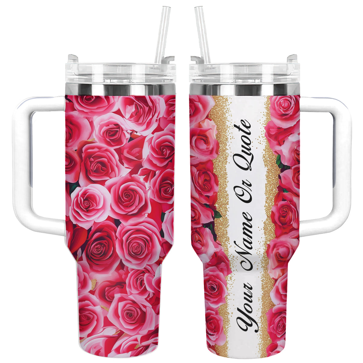 Rose Flower Custom Stanley Quencher 40oz Stainless Steel Tumbler With Handle