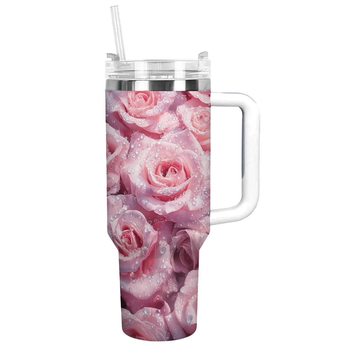 Rose Flower Custom Stanley Quencher 40oz Stainless Steel Tumbler With Handle