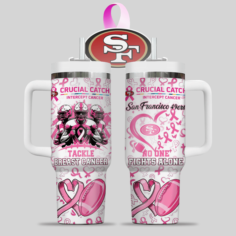 San Francisco 49ers NFL x Breast Cancer Awareness Custom Stanley Quencher 40oz Stainless Steel Tumbler With Handle
