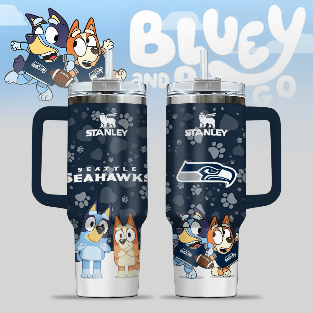 Seattle Seahawks NFL x Bluey Custom Stanley Quencher 40oz Stainless Steel Tumbler With Handle