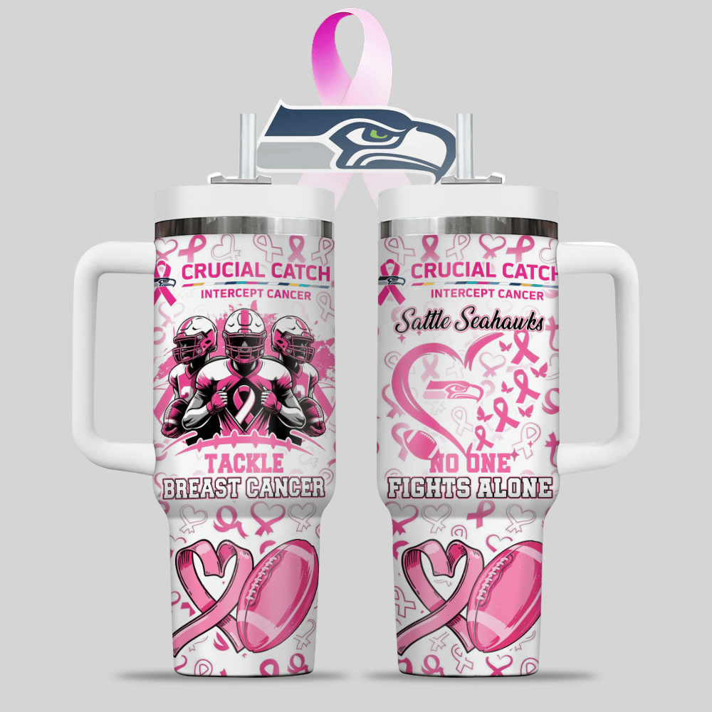 Seattle Seahawks NFL x Breast Cancer Awareness Custom Stanley Quencher 40oz Stainless Steel Tumbler With Handle