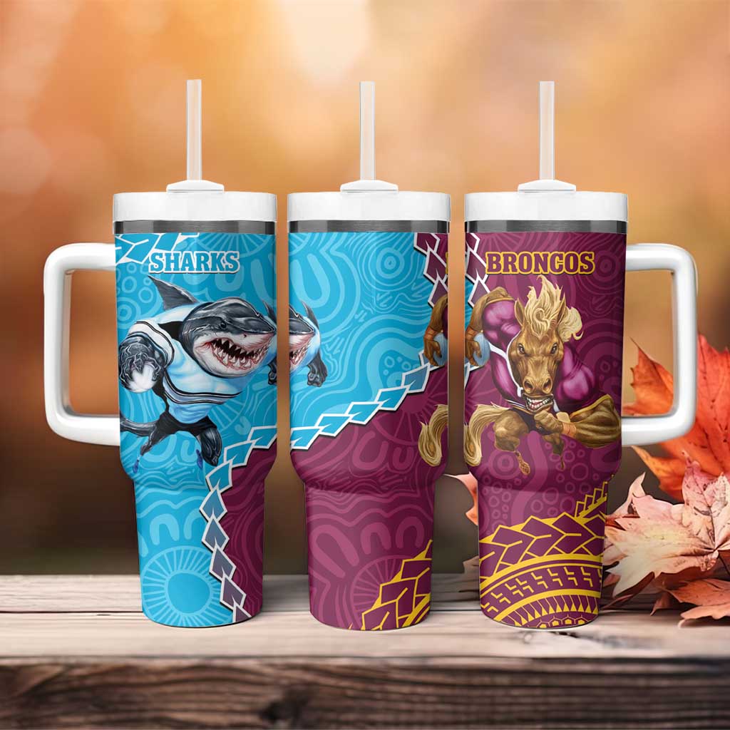 Sharks And Broncos Rugby Aboriginal Mix Polynesian Pattern Custom Stanley Quencher 40oz Stainless Steel Tumbler With Handle