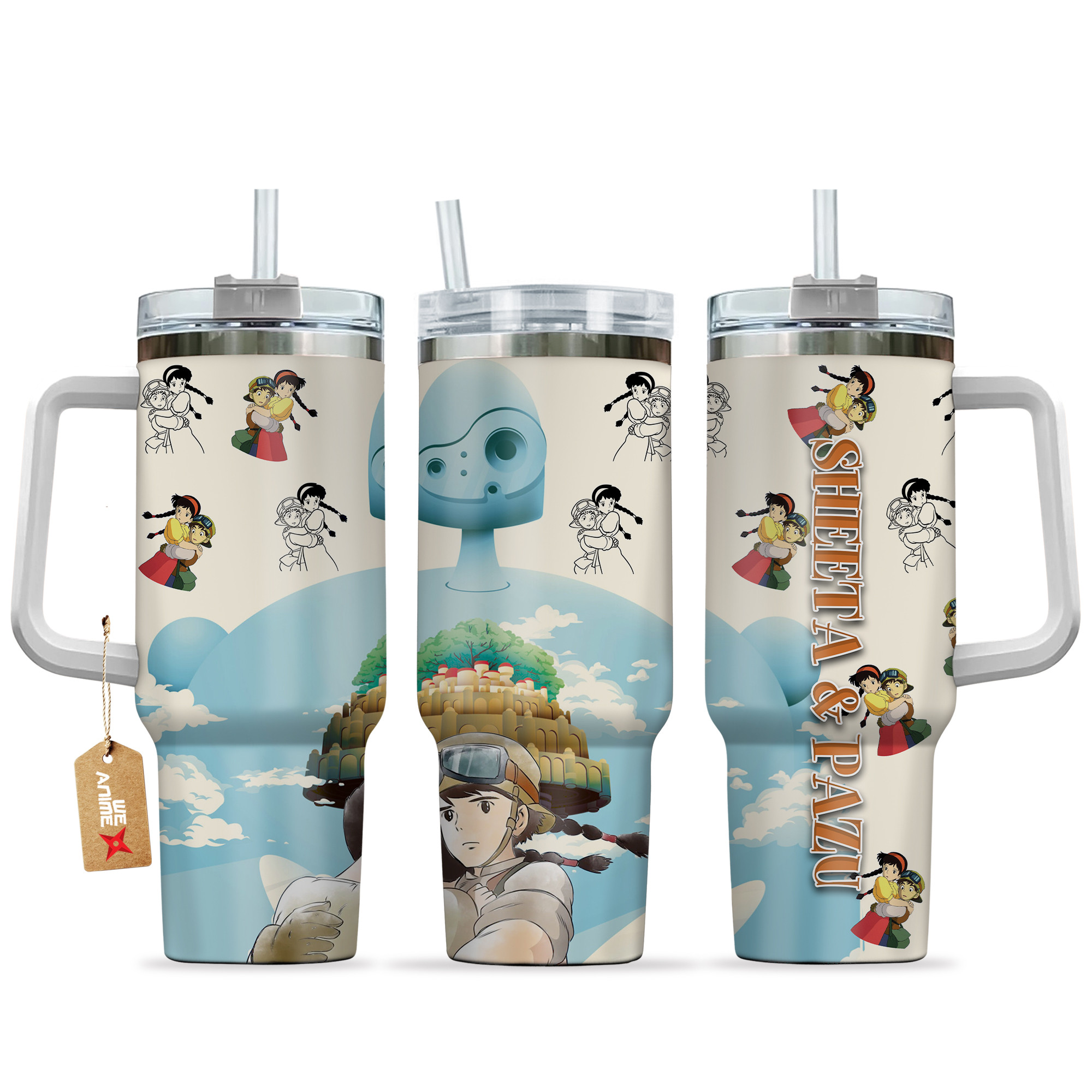 Sheeta and Pazu Castle in the Sky Anime Custom Stanley Quencher 40oz Stainless Steel Tumbler With Handle