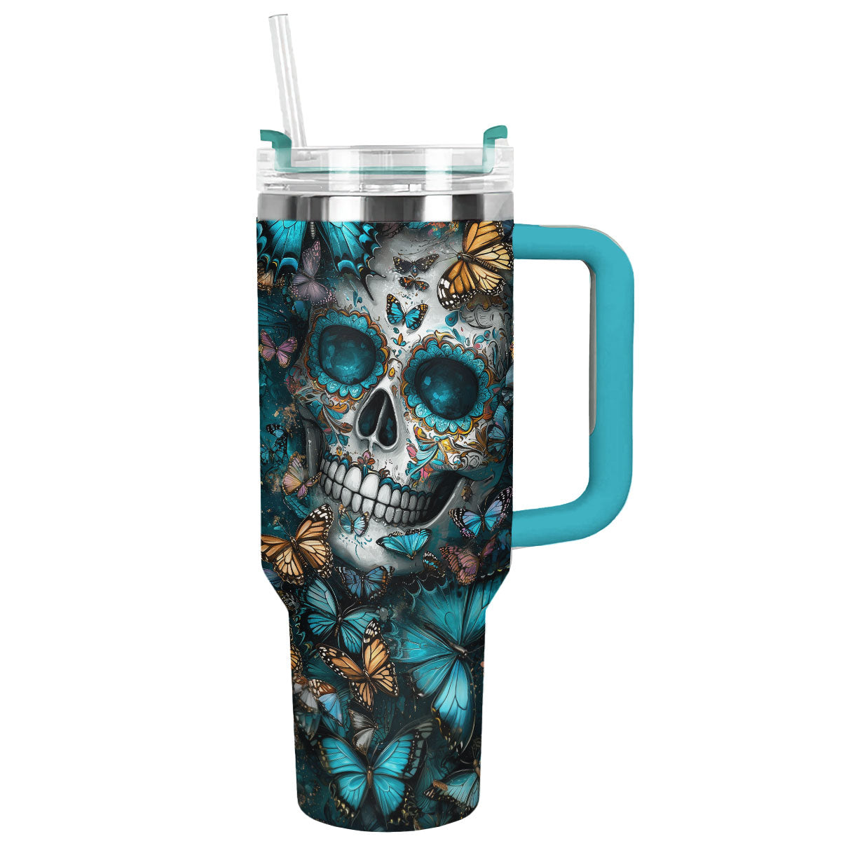 Skull And Butterfly Custom Stanley Quencher 40oz Stainless Steel Tumbler With Handle