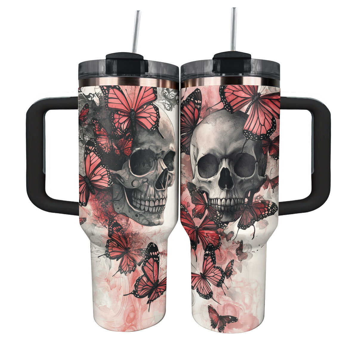 Skull And Butterfly Custom Stanley Quencher 40oz Stainless Steel Tumbler With Handle
