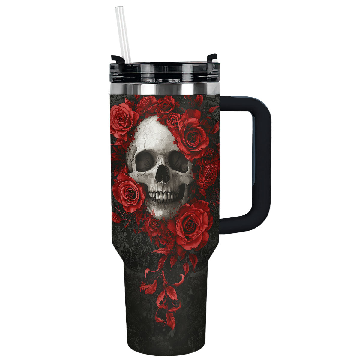 Skull Crimson Bloom Custom Stanley Quencher 40oz Stainless Steel Tumbler With Handle