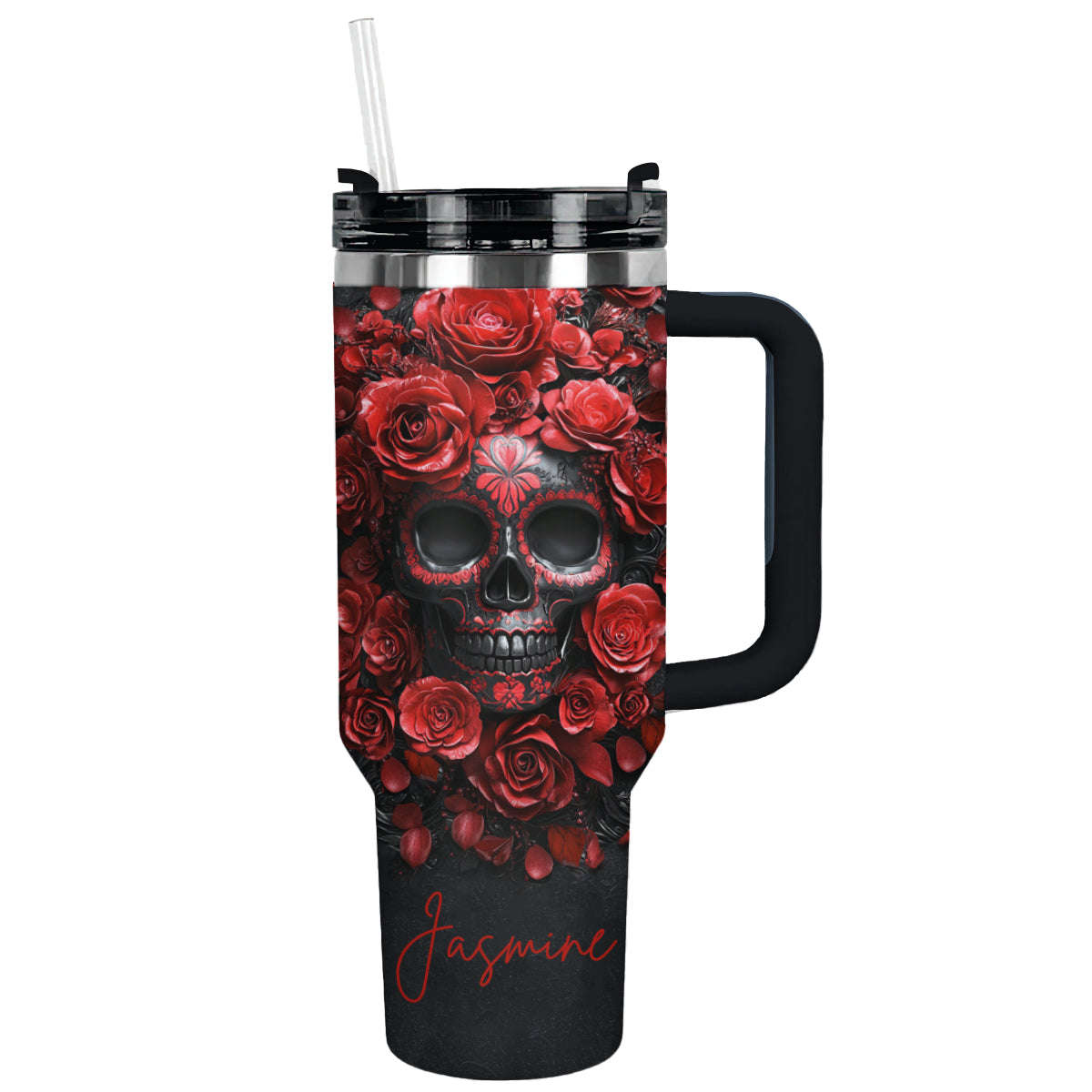Skull With Flower Custom Stanley Quencher 40oz Stainless Steel Tumbler With Handle