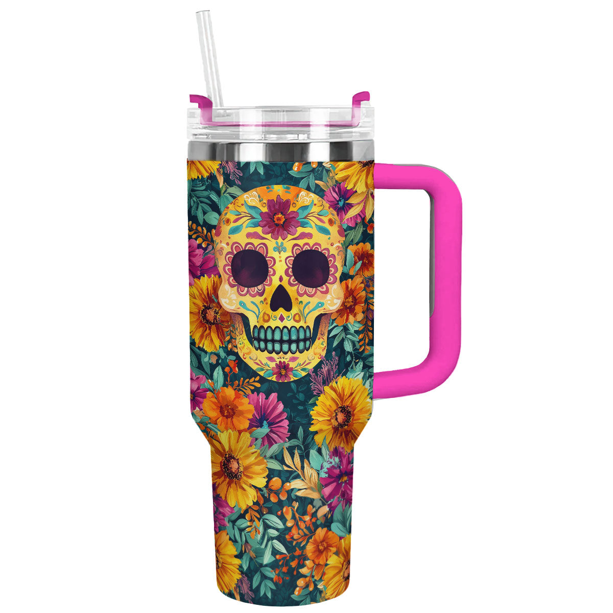 Skull With Flower Custom Stanley Quencher 40oz Stainless Steel Tumbler With Handle