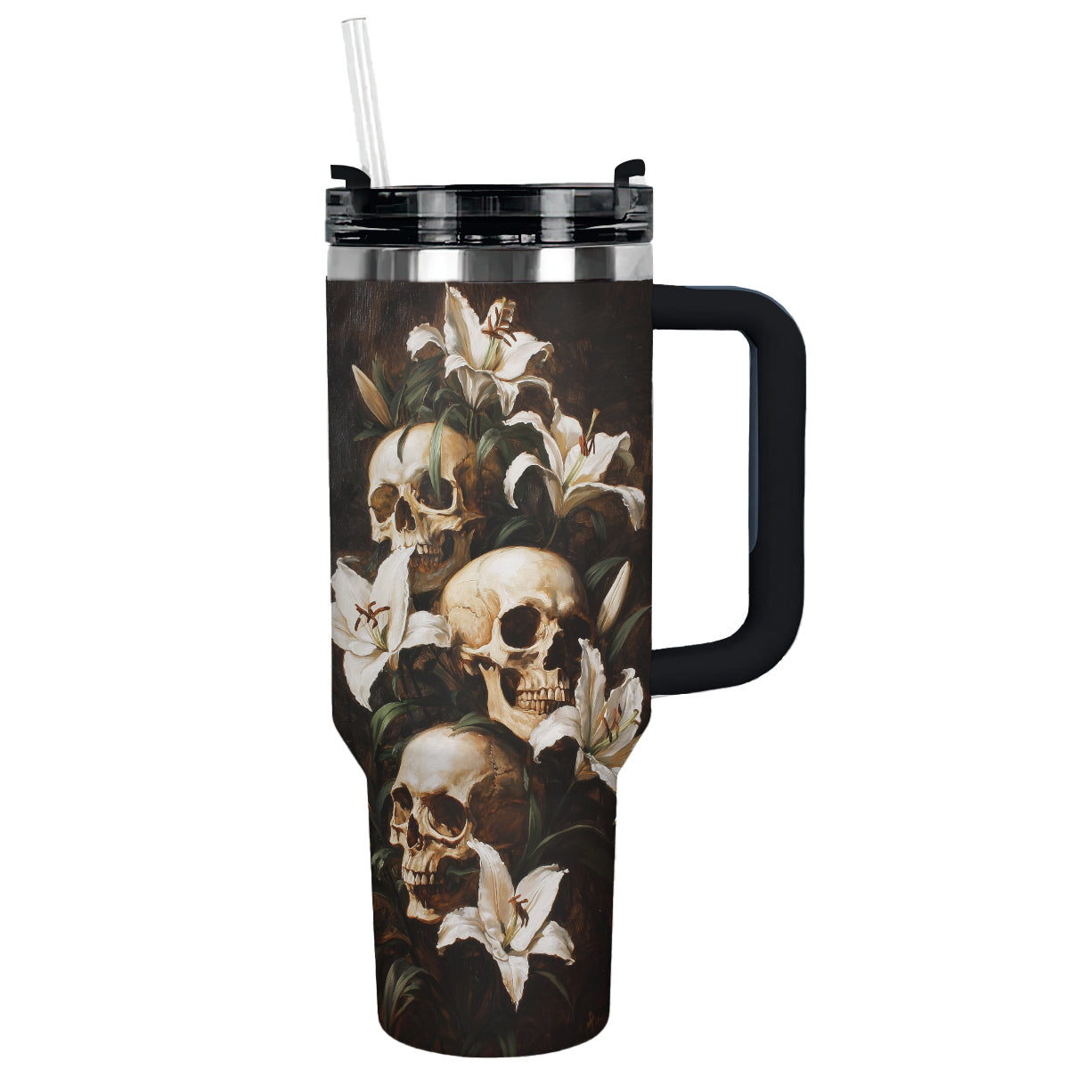 Skull With Flower Custom Stanley Quencher 40oz Stainless Steel Tumbler With Handle