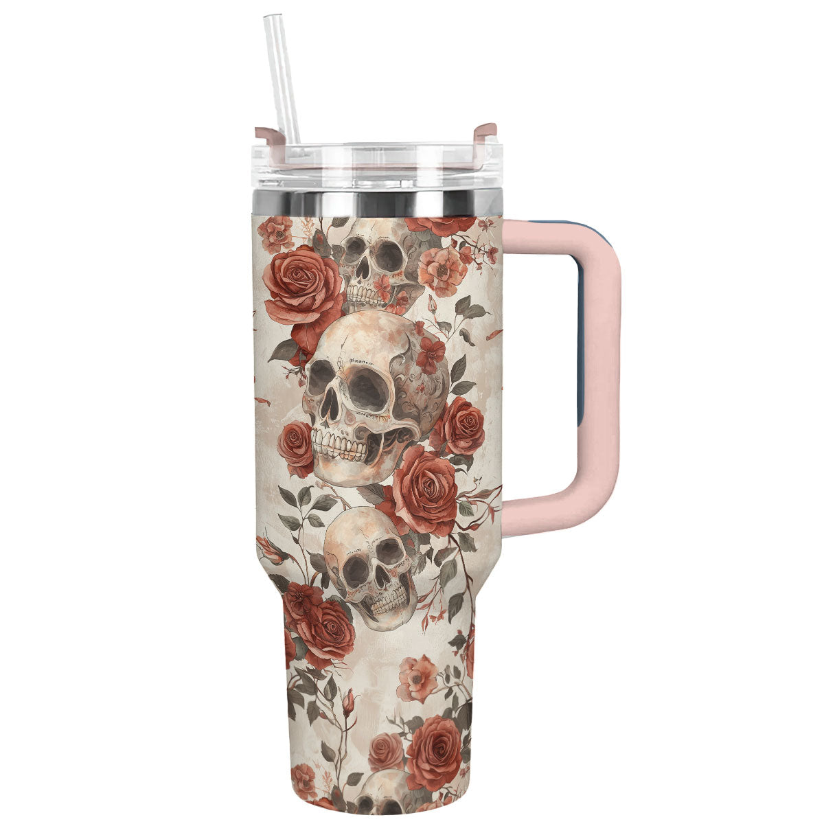 Skull With Flower Custom Stanley Quencher 40oz Stainless Steel Tumbler With Handle