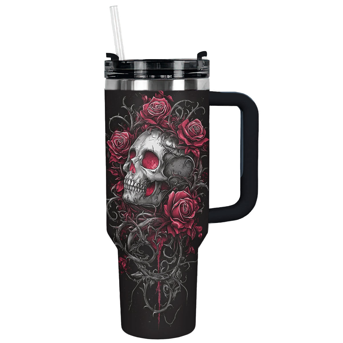 Skull With Flower Custom Stanley Quencher 40oz Stainless Steel Tumbler With Handle