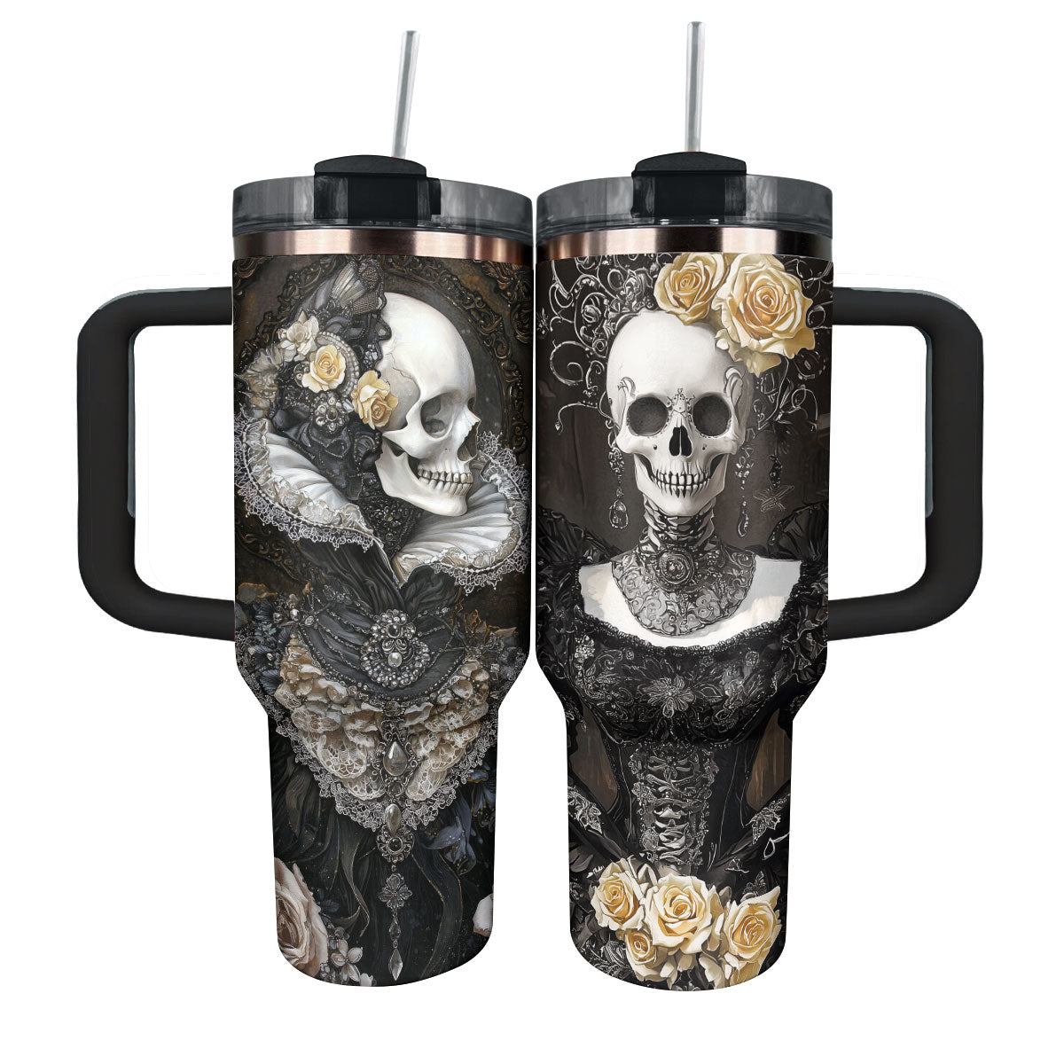 Skull With Flower Custom Stanley Quencher 40oz Stainless Steel Tumbler With Handle