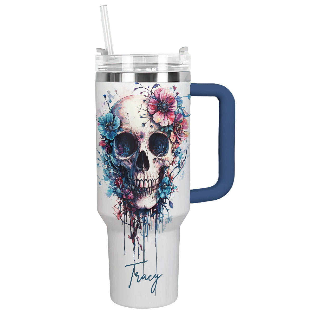 Skull With Flower Custom Stanley Quencher 40oz Stainless Steel Tumbler With Handle
