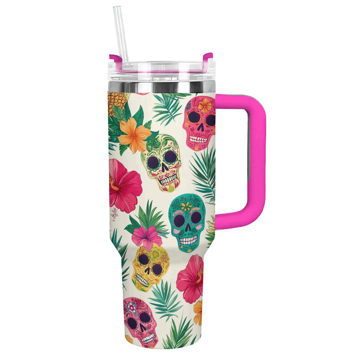 Skull With Flower Custom Stanley Quencher 40oz Stainless Steel Tumbler With Handle