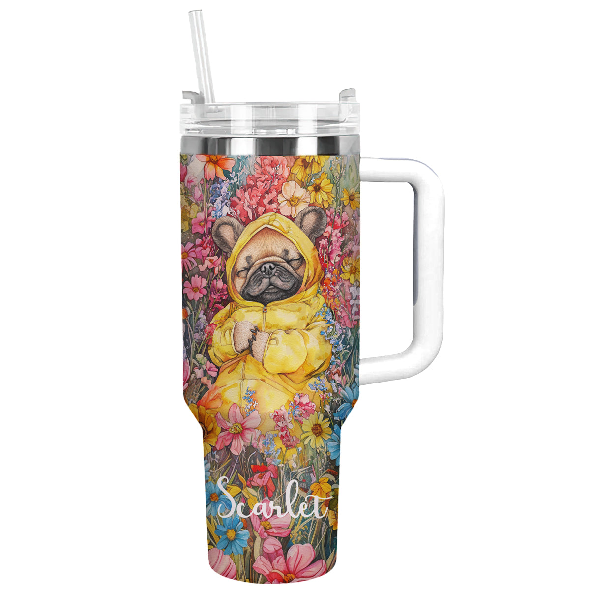 Sleeping Pug Dog Floral Custom Stanley Quencher 40oz Stainless Steel Tumbler With Handle