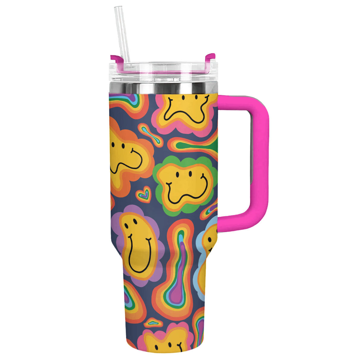 Smiley Daisy Custom Stanley Quencher 40oz Stainless Steel Tumbler With Handle