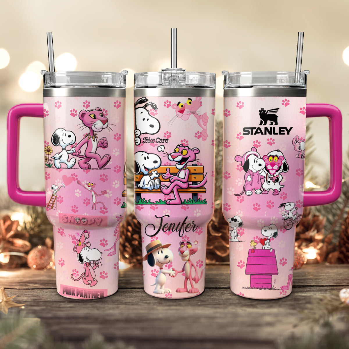 Snoopy x Pink Panther Cartoon Custom Stanley Quencher 40oz Stainless Steel Tumbler With Handle