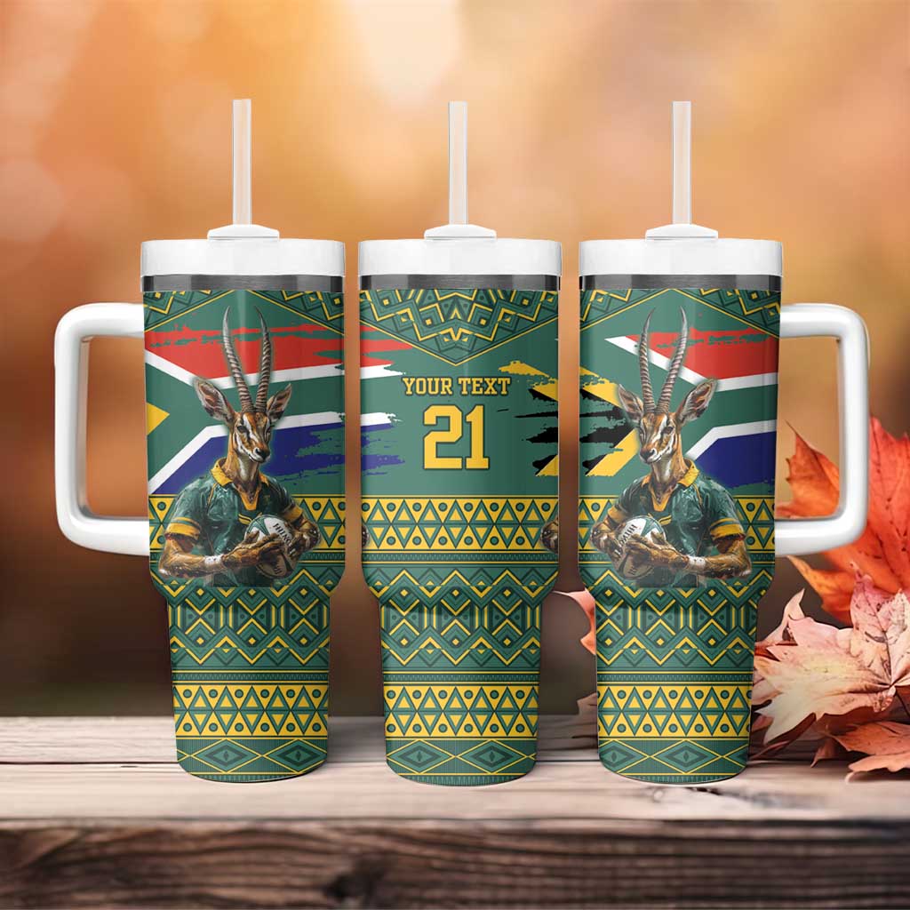 South Africa Rugby Bokke Mascot With Flag Style Custom Stanley Quencher 40oz Stainless Steel Tumbler With Handle