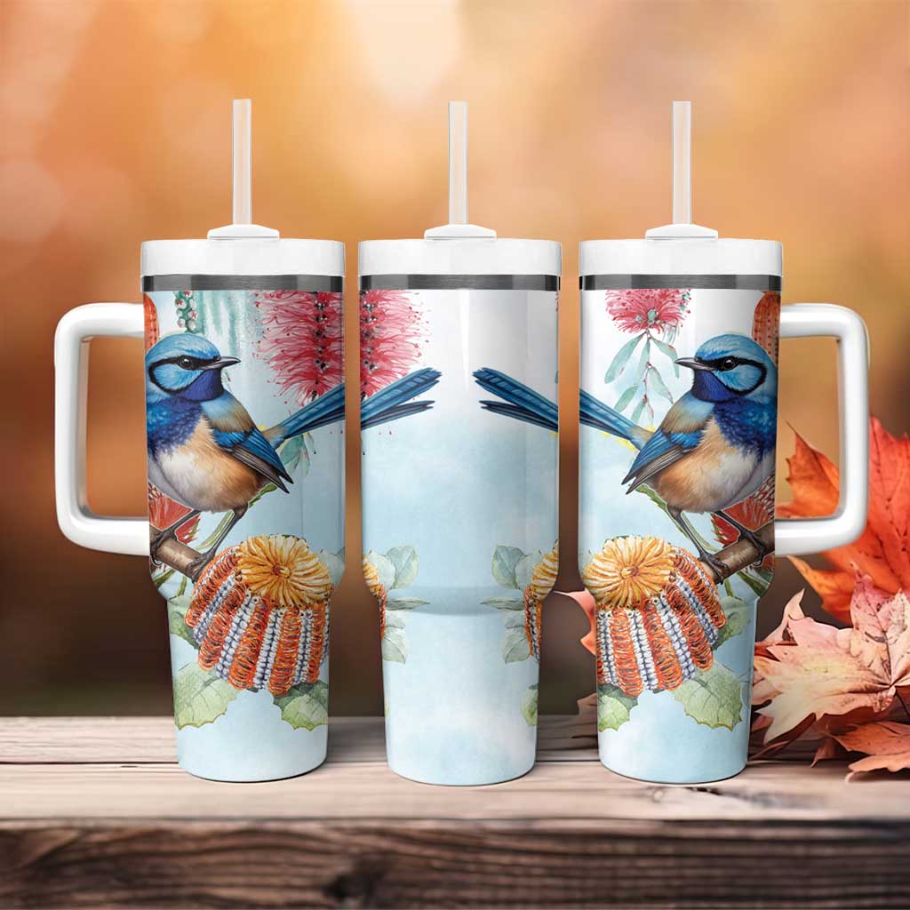 Splendid Fairy-wren Australia Aussie National Flowers - Watercolor Style Custom Stanley Quencher 40oz Stainless Steel Tumbler With Handle