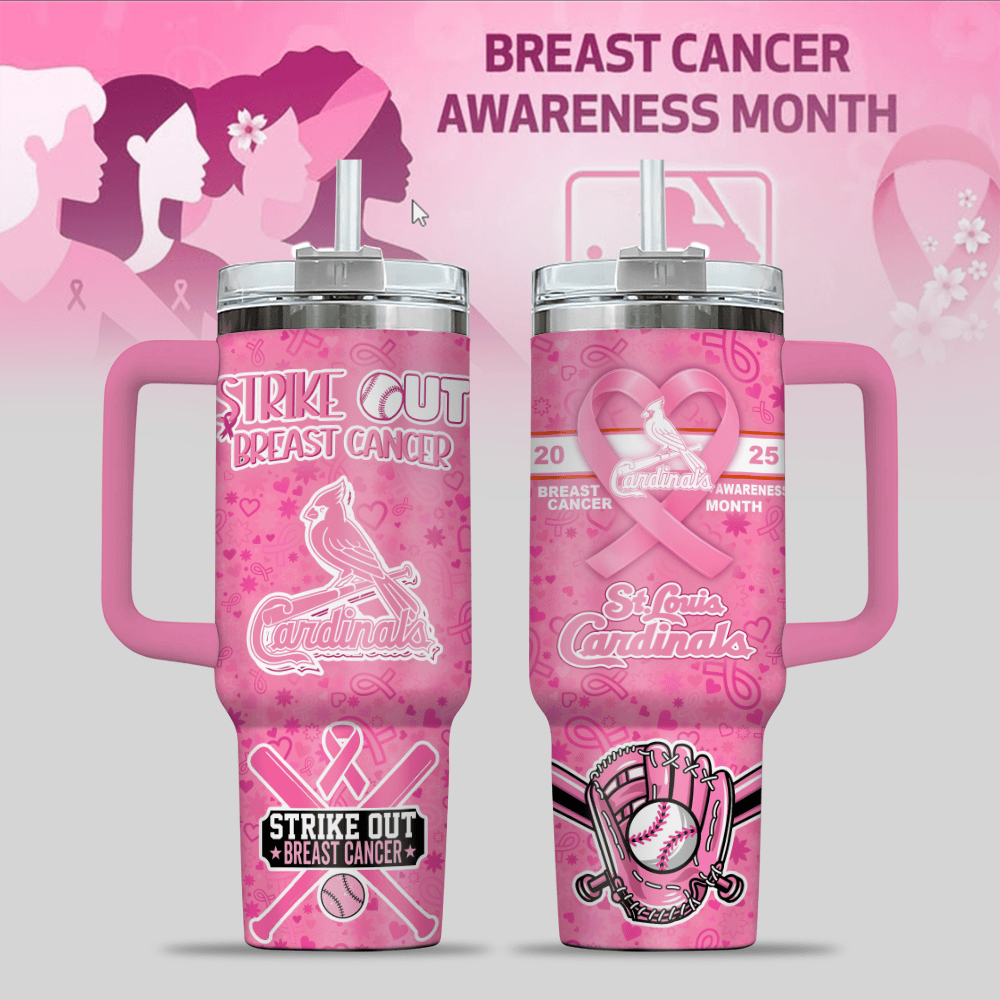 St. Louis Cardinals MLB x Breast Cancer Awareness Custom Stanley Quencher 40oz Stainless Steel Tumbler With Handle