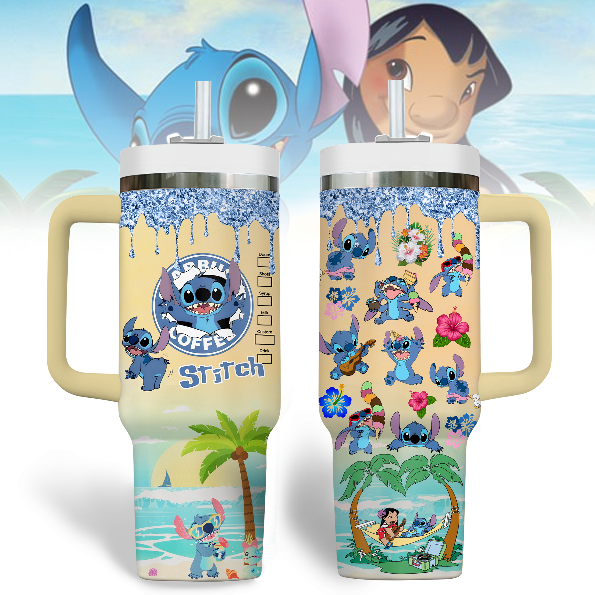 Stitch Cartoon Custom Stanley Quencher 40oz Stainless Steel Tumbler With Handle