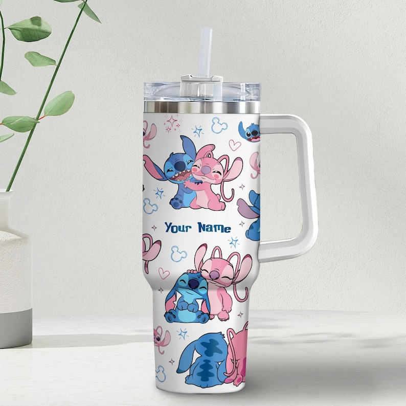 Stitch Cartoon Custom Stanley Quencher 40oz Stainless Steel Tumbler With Handle