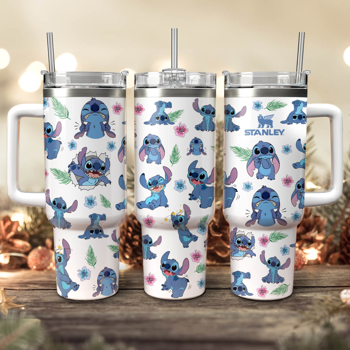 Stitch Cartoon Custom Stanley Quencher 40oz Stainless Steel Tumbler With Handle