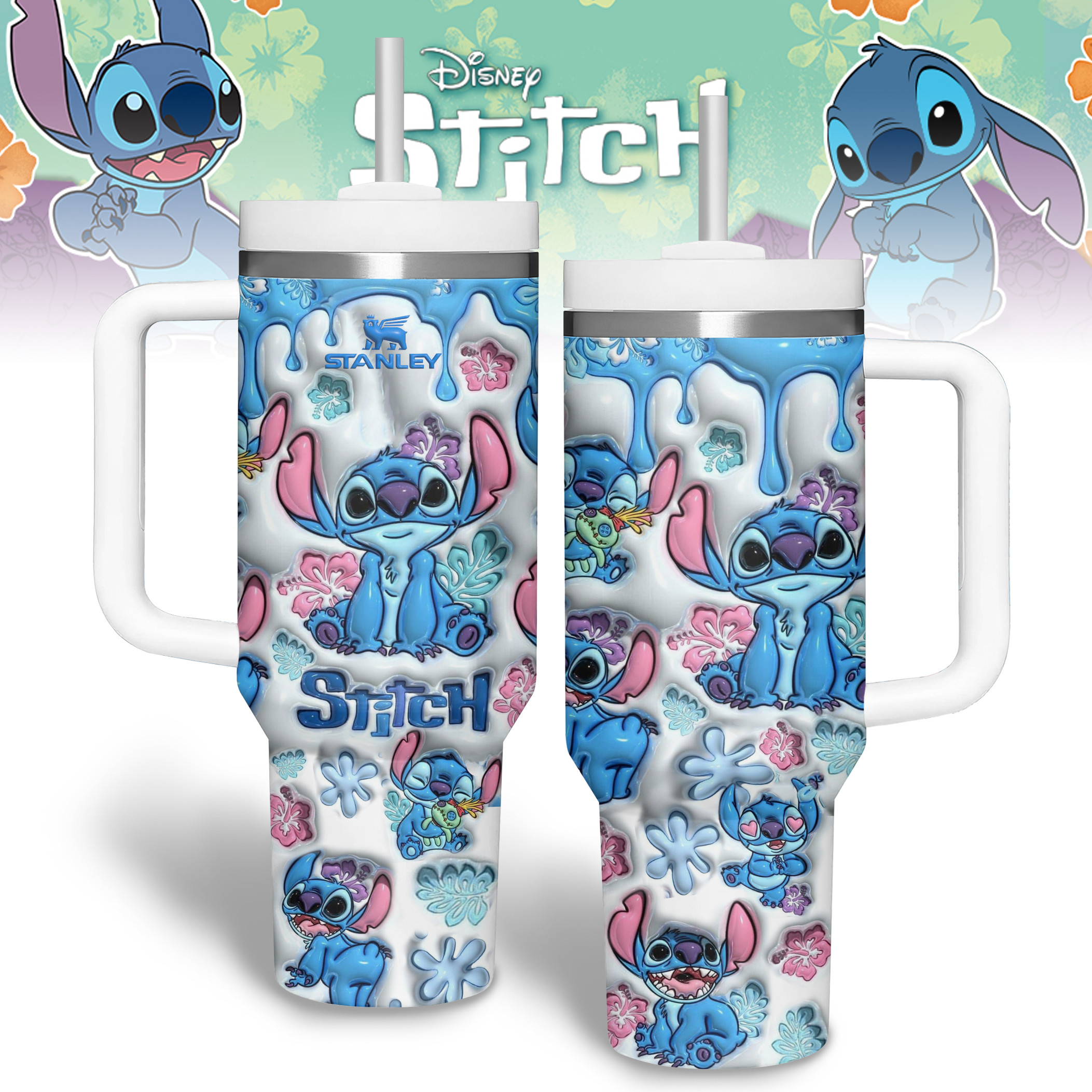 Stitch Cartoon Custom Stanley Quencher 40oz Stainless Steel Tumbler With Handle