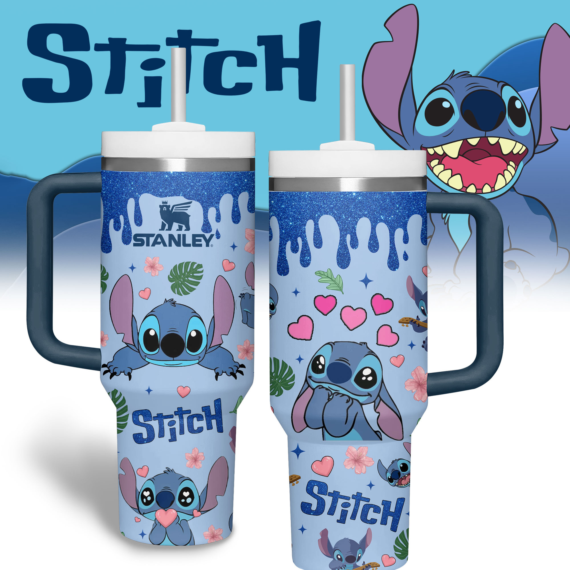 Stitch Cartoon Custom Stanley Quencher 40oz Stainless Steel Tumbler With Handle