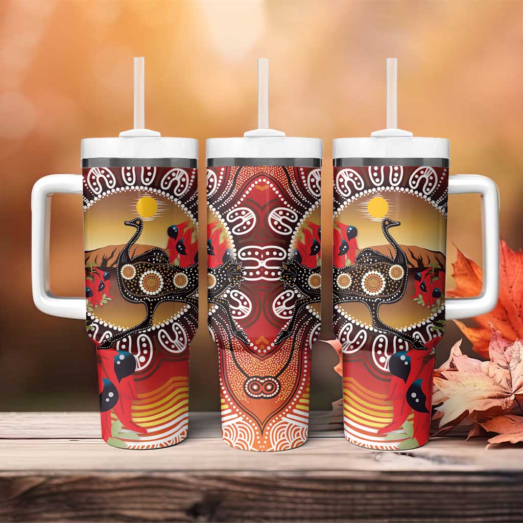 Sturt's Desert Pea And Emu Australia Uluru Aboriginal Art Custom Stanley Quencher 40oz Stainless Steel Tumbler With Handle