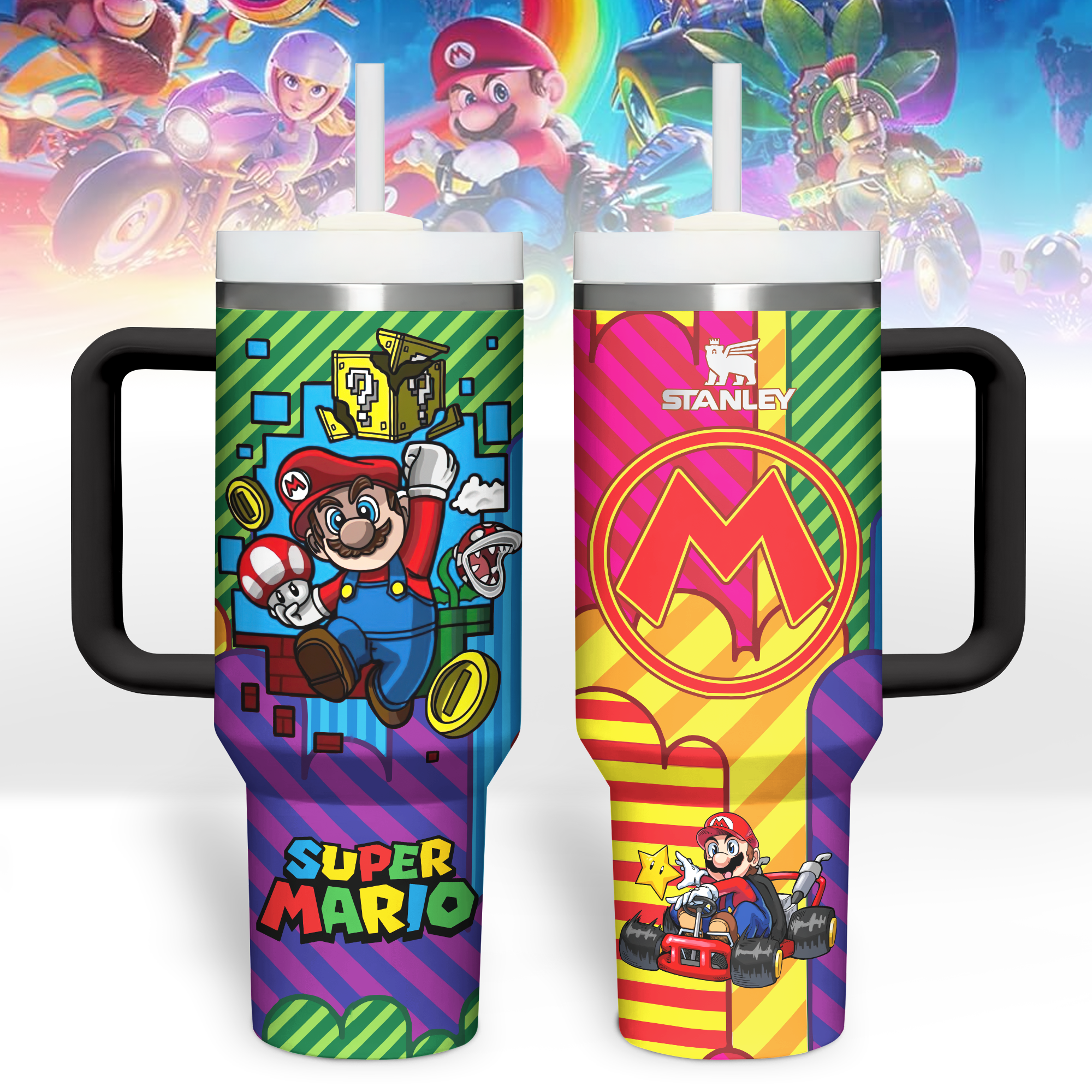 Super Mario Games Custom Stanley Quencher 40oz Stainless Steel Tumbler With Handle