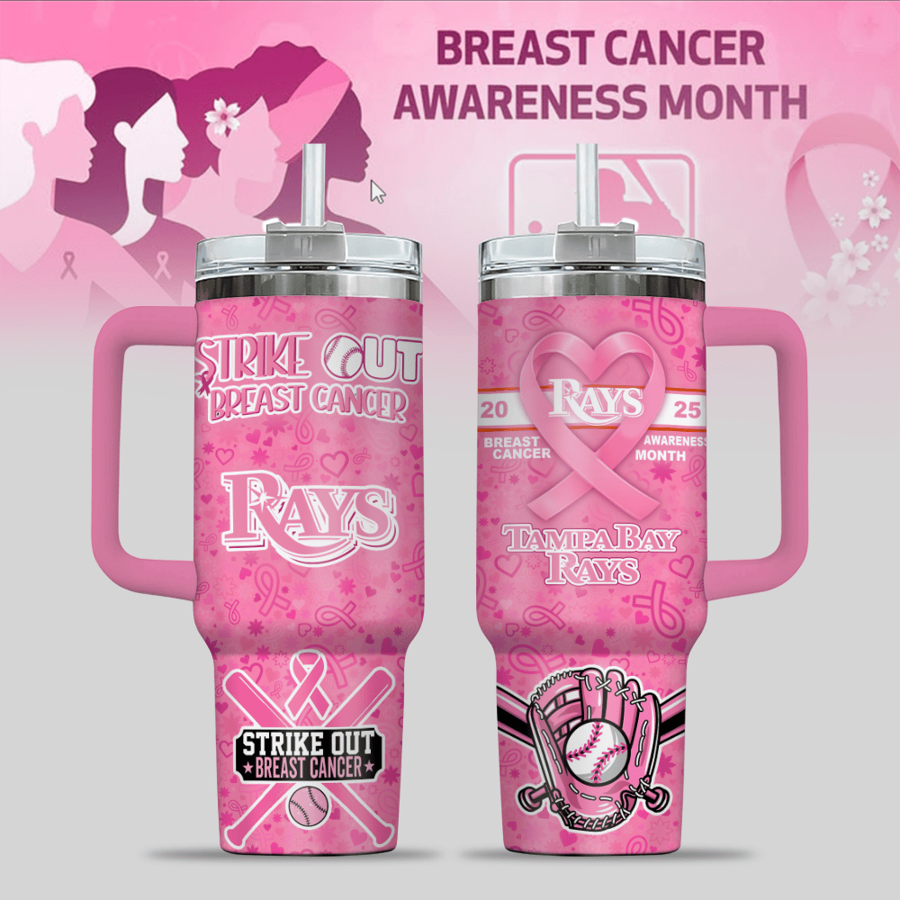 Tampa Bay Rays MLB x Breast Cancer Awareness Custom Stanley Quencher 40oz Stainless Steel Tumbler With Handle