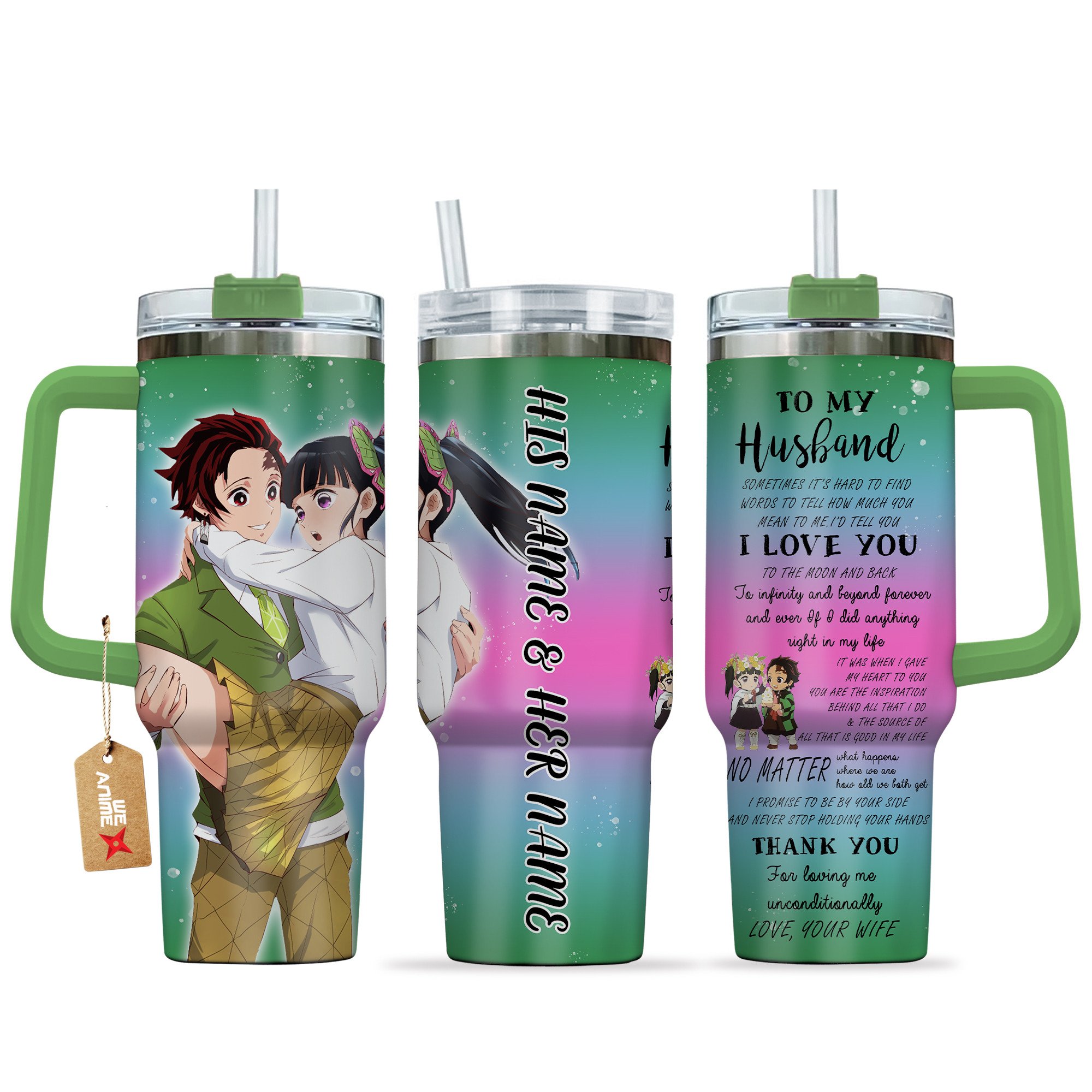 Tanjiro Kamado & Kanao Tsuyuri Demon Slayer Anime Valentine Custom Stanley Quencher 40oz Stainless Steel Tumbler With Handle