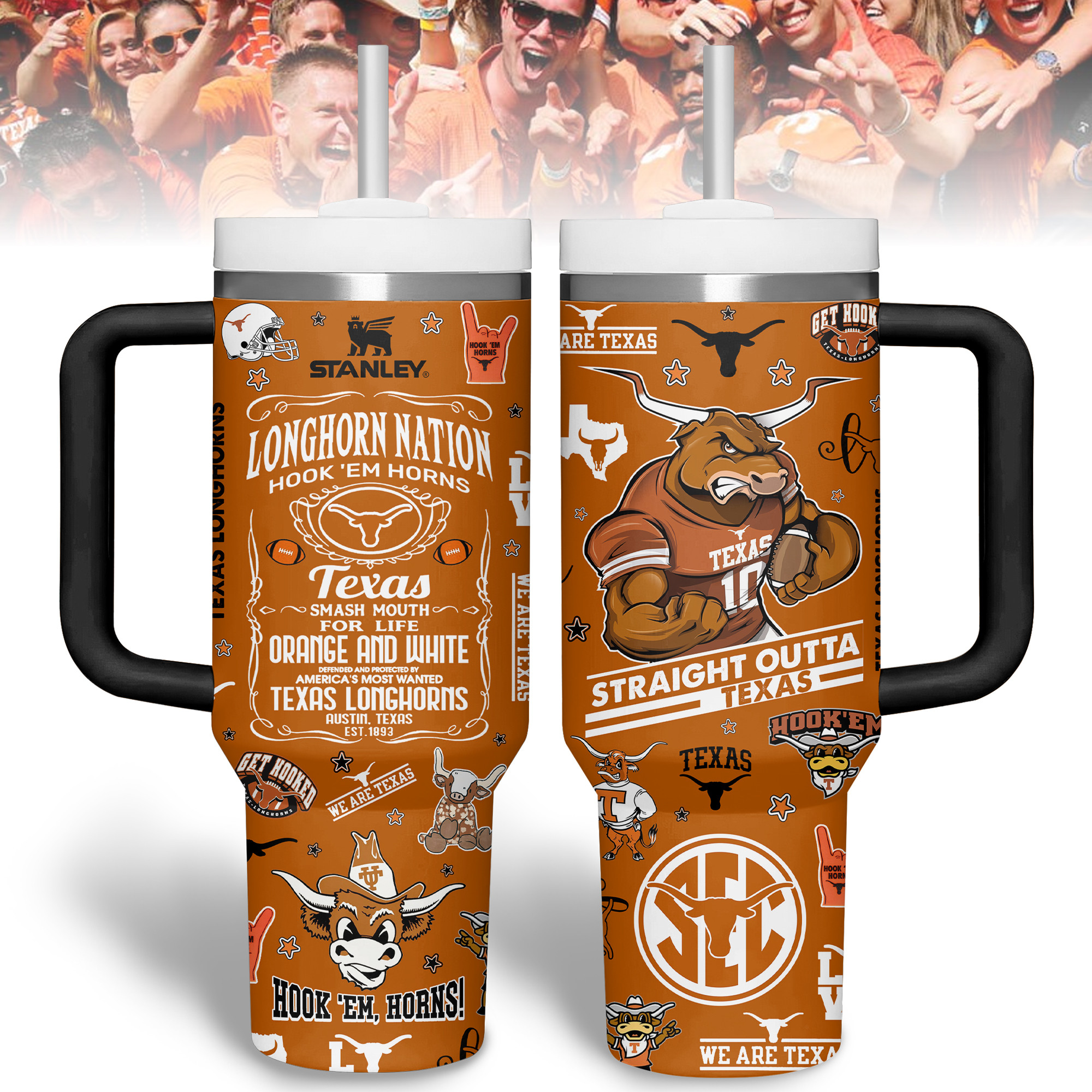 Texas Longhorns NCAA Sports Custom Stanley Quencher 40oz Stainless Steel Tumbler With Handle