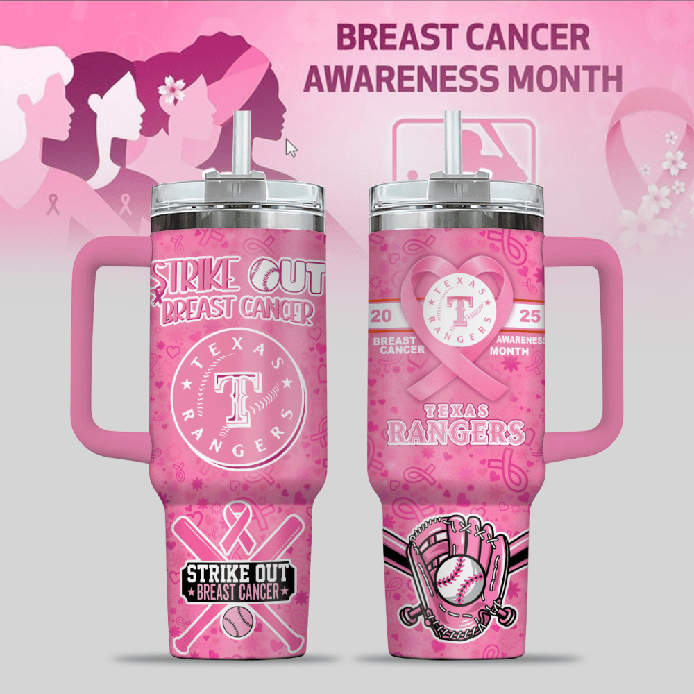 Texas Rangers MLB x Breast Cancer Awareness Custom Stanley Quencher 40oz Stainless Steel Tumbler With Handle