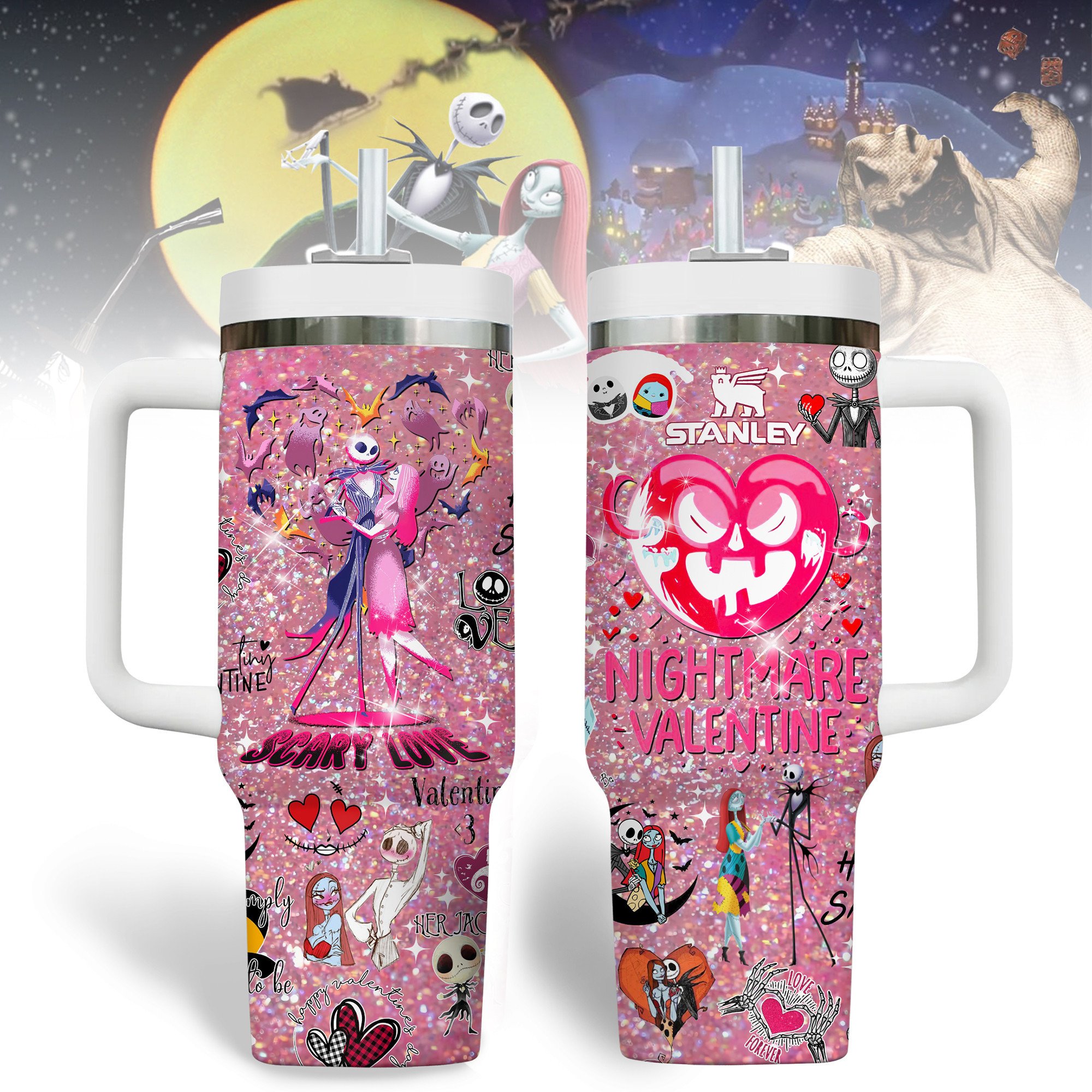 The Nightmare Before Christmas Movies Valentine Custom Stanley Quencher 40oz Stainless Steel Tumbler With Handle