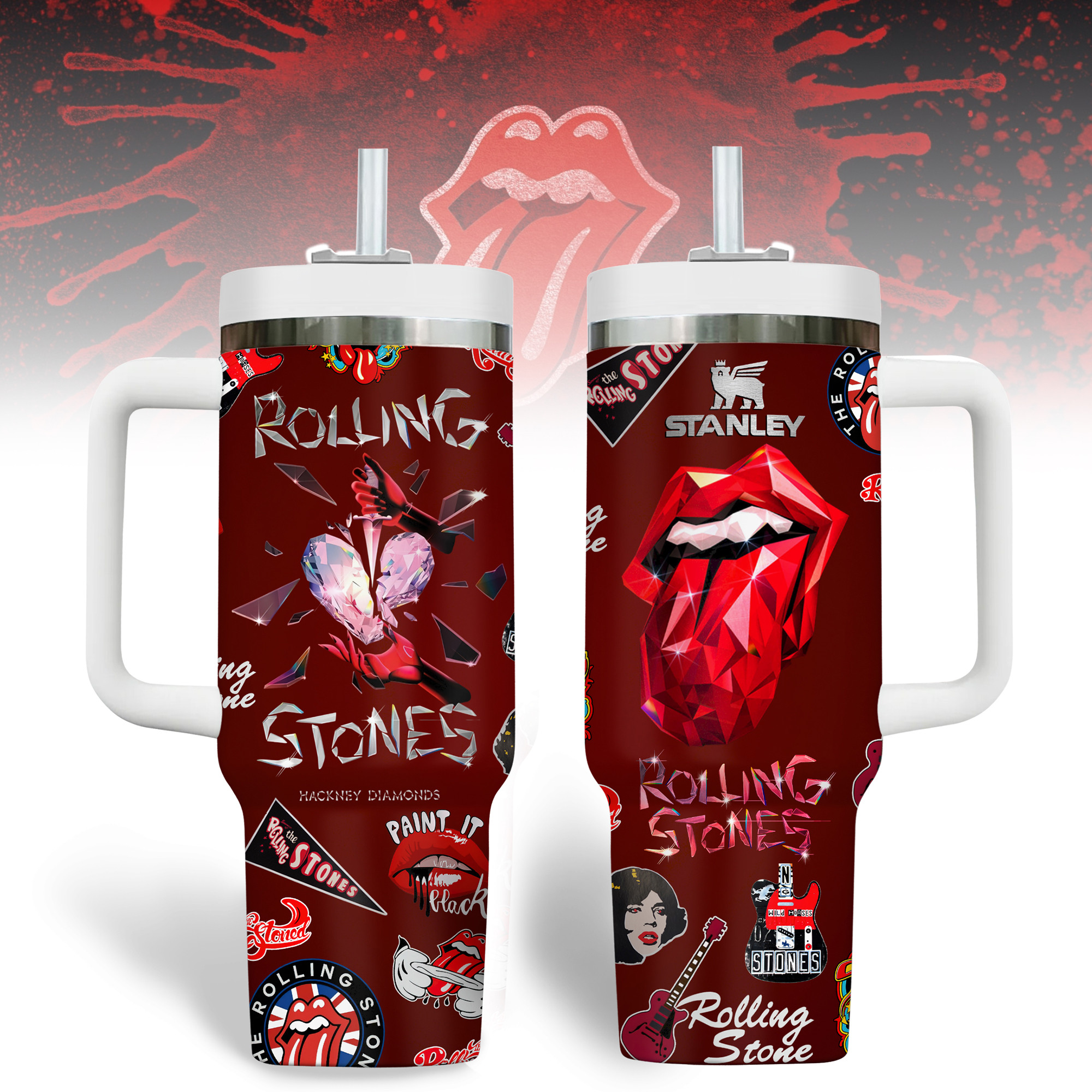 The Rolling Stones Music Custom Stanley Quencher 40oz Stainless Steel Tumbler With Handle