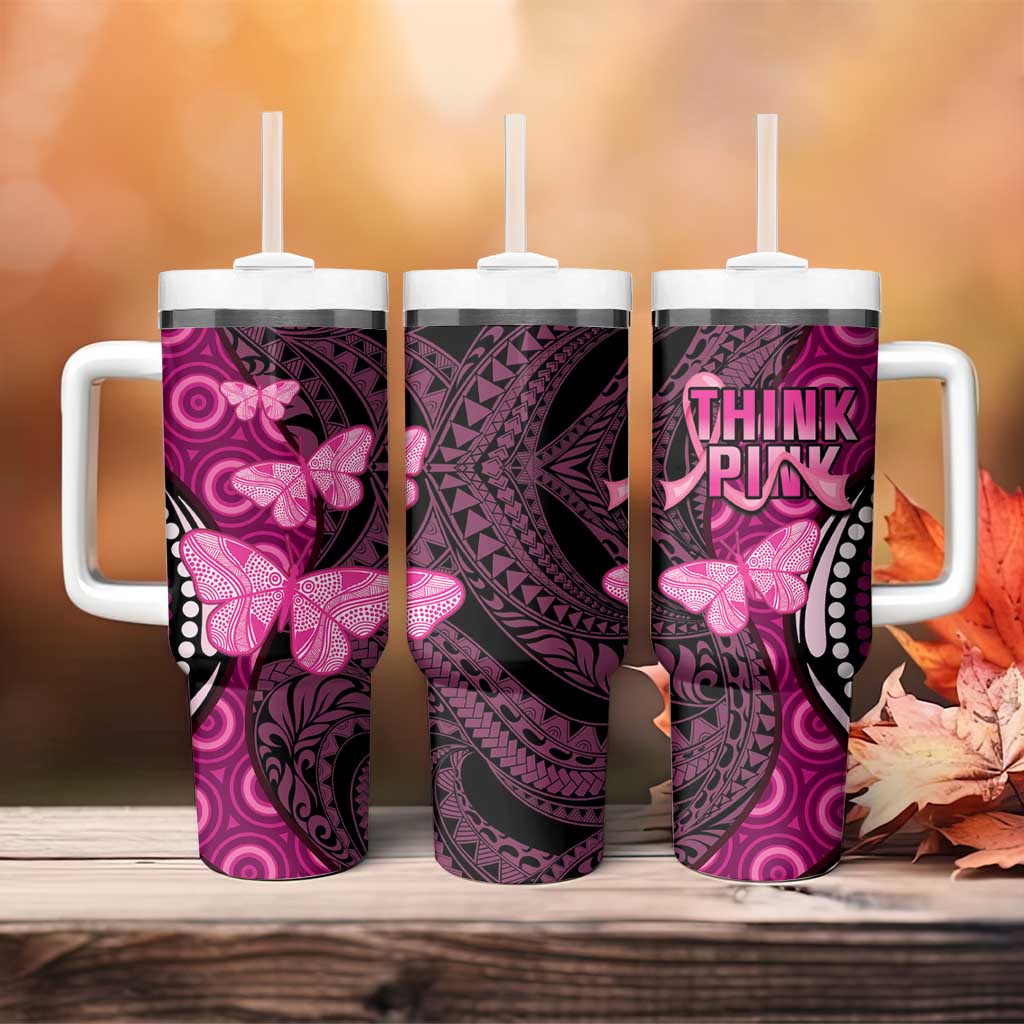Think Pink Breast Cancer Awareness Butterfly Aboriginal Mix Polynesian Pattern Custom Stanley Quencher 40oz Stainless Steel Tumbler With Handle