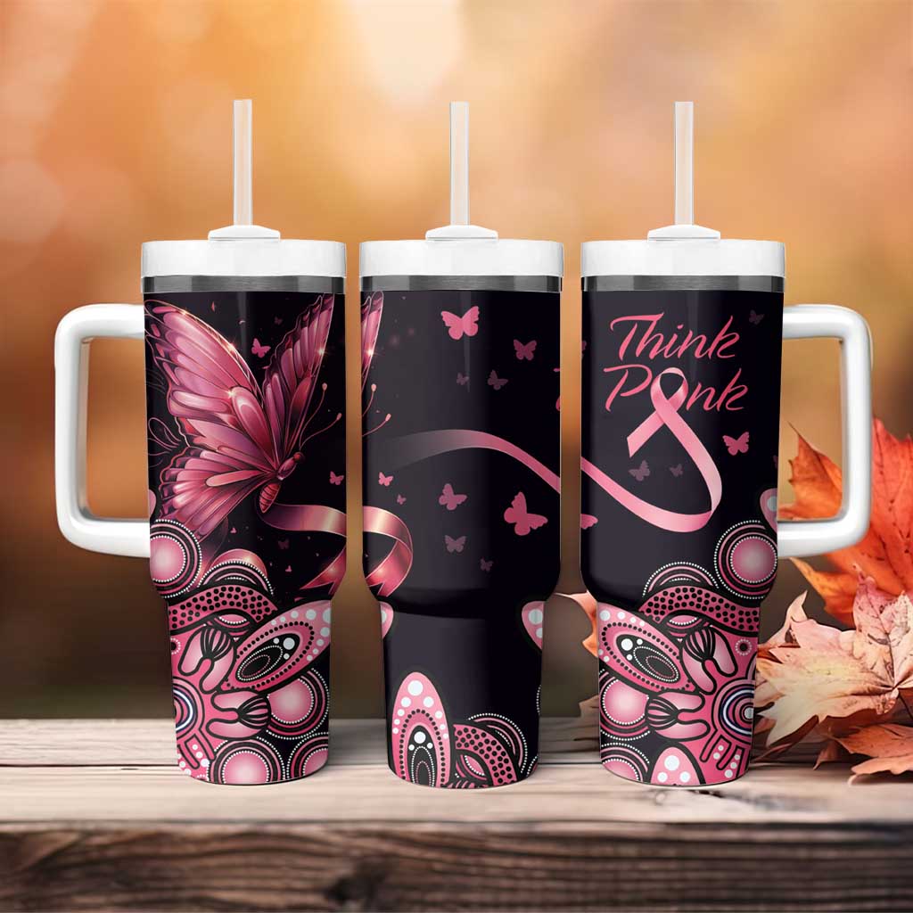 Think Pink Butterfly Ribbon Aboriginal Art Custom Stanley Quencher 40oz Stainless Steel Tumbler With Handle