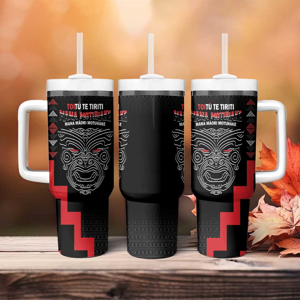 Toitu Te Tiriti Mana Maori Motuhake Aotearoa Haka Face Mix Poutama Art Custom Stanley Quencher 40oz Stainless Steel Tumbler With Handle