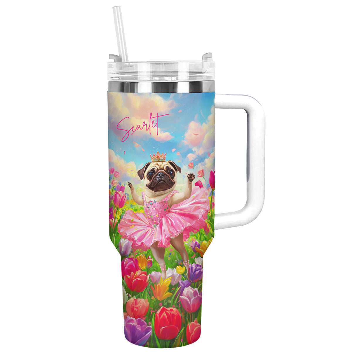 Tulip Pug Dog Ballerina Custom Stanley Quencher 40oz Stainless Steel Tumbler With Handle